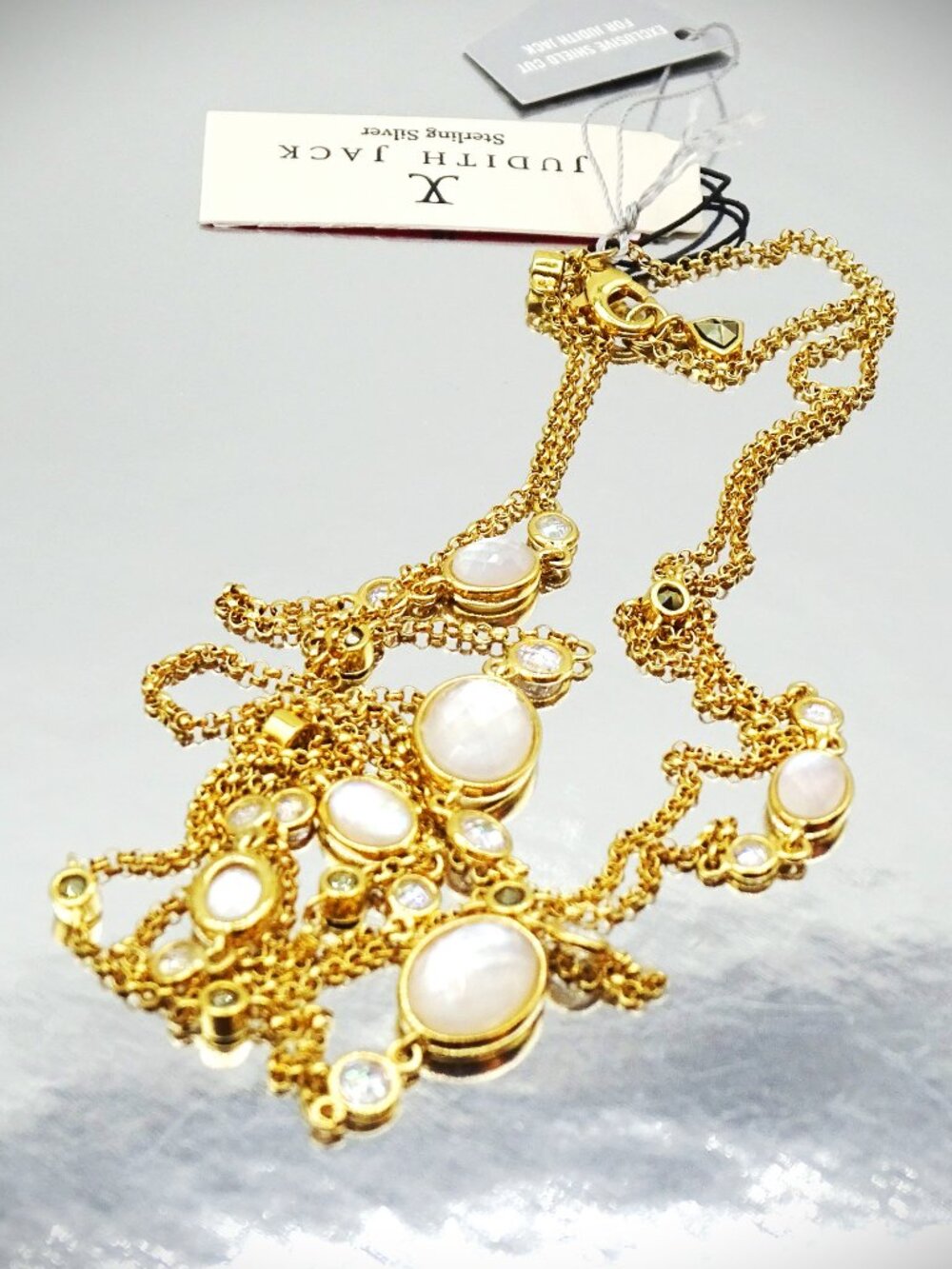 JUDITH JACK Sterling Silver Gold Plated MOP & Swarovski Crystal Long Necklace